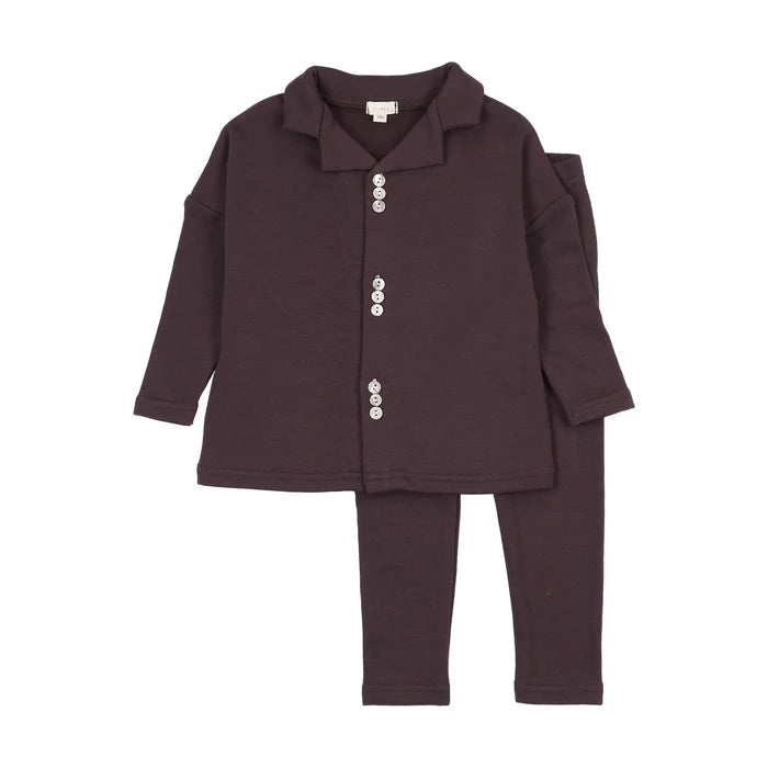 pajamas cluster button shirt and pants - eggplant