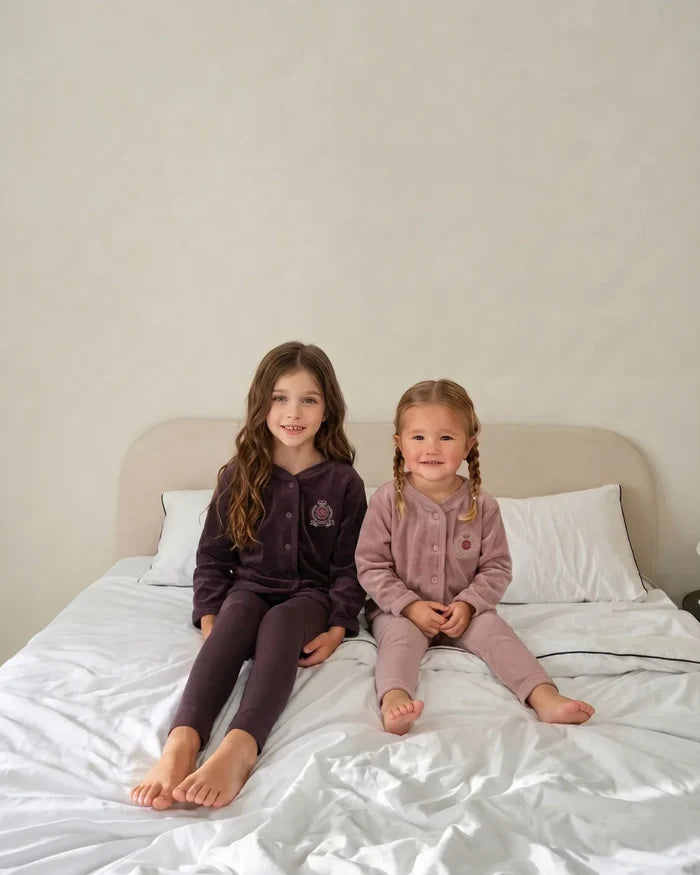 pajamas velour crest button top and pants - eggplant