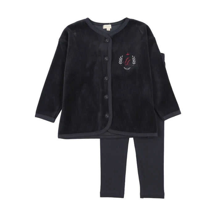 pajamas velour crest button top and pants - navy