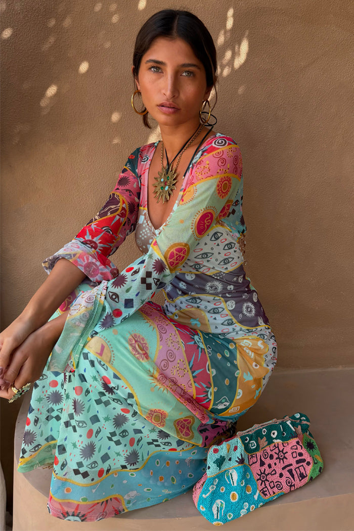 Morocco Beaded Clutch Bag and matching Mesh Vivi Dress with sun and eye motifs for vibrant feel good dressing.