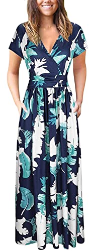 PCEAIIH Women's Maxi Dress Casual Deep V Short Sleeve Floral Ladies Wrap Long Dress with Pockets - Style Heist