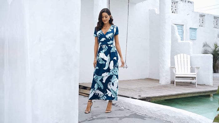 PCEAIIH Women's Maxi Dress Casual Deep V Short Sleeve Floral Ladies Wrap Long Dress with Pockets - Style Heist