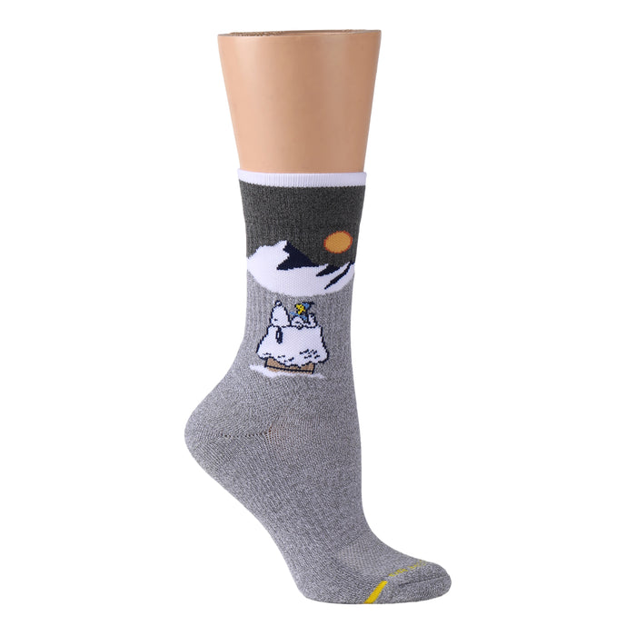 Light grey marl crew compression socks featuring Peanuts characters on a mountain slope design.