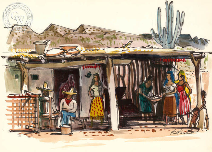 Pepper Drying, Sonora, Mexico, 1951, watercolor painting by Phil Paradise (American art). Fine art giclée print reproduction by California Watercolor for wall decor.