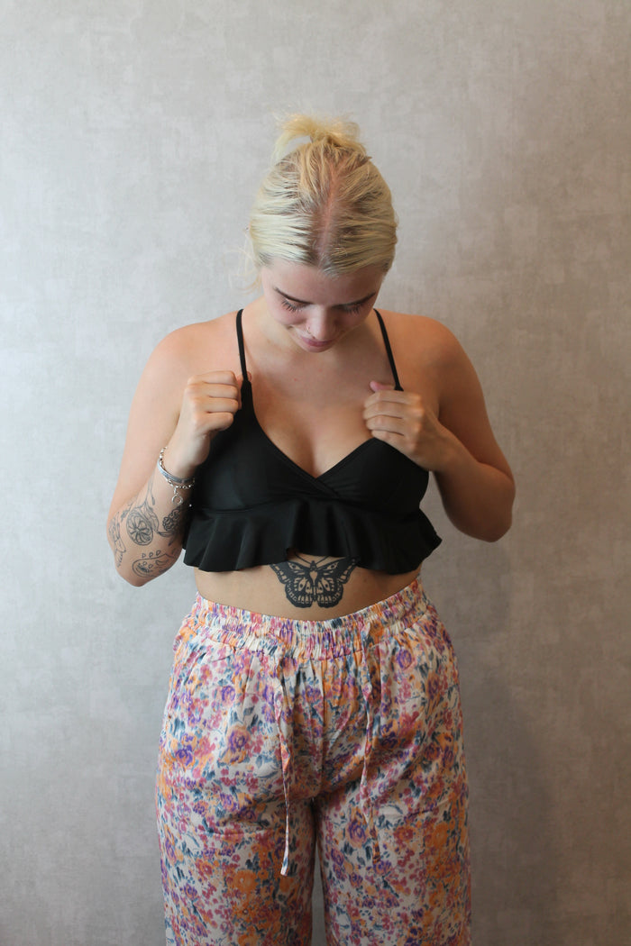 Pink Floral Print Flat Waist Tie Front Trousers