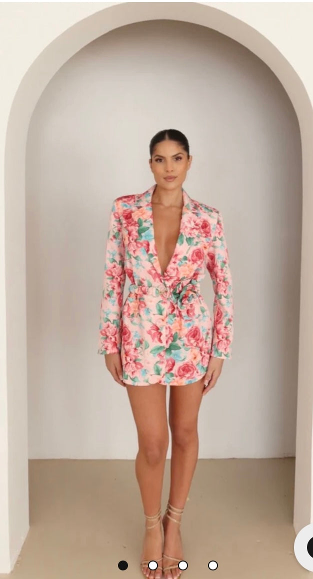 Pink floral rose belted blazer dress
