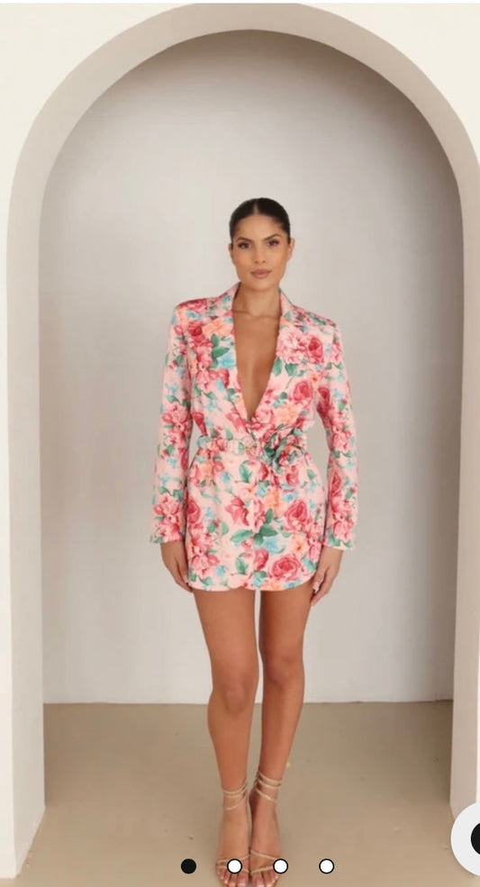 Pink floral rose belted blazer dress