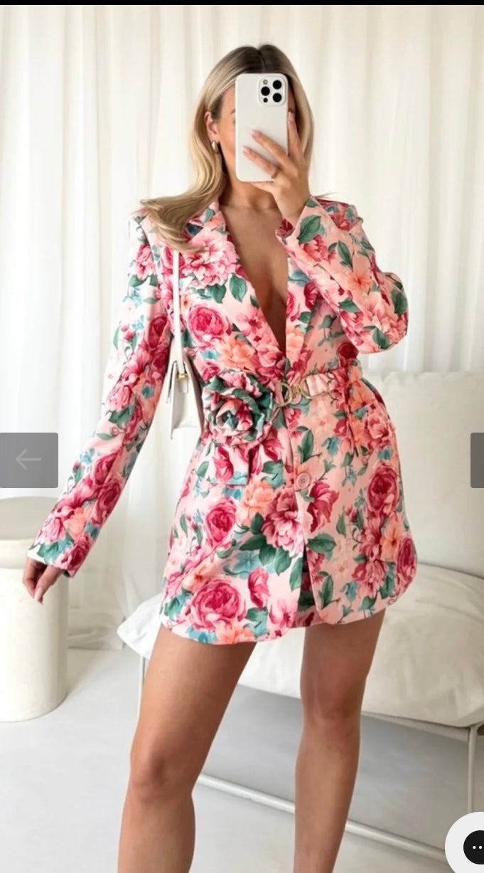 Pink floral rose belted blazer dress