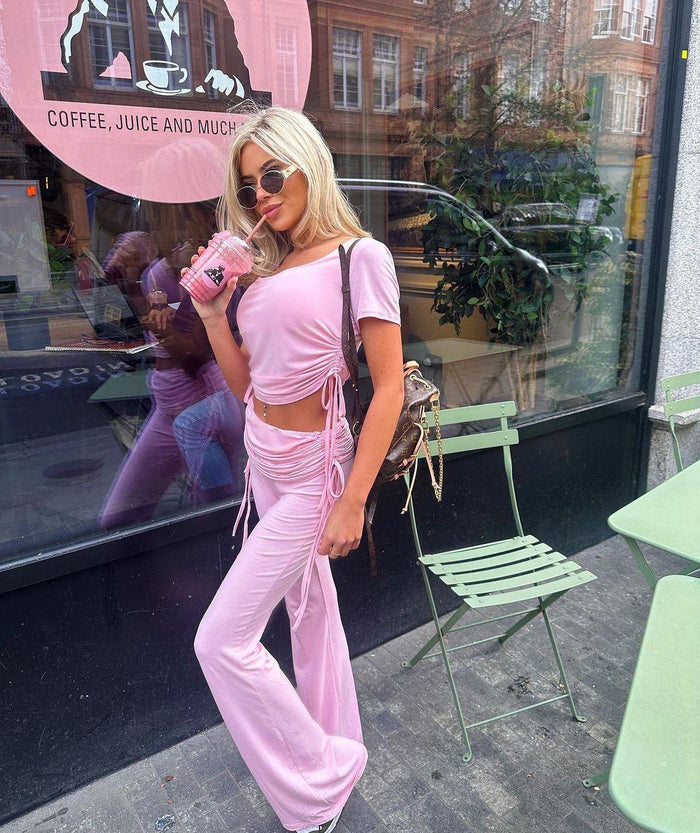 PINK ROUND NECK RUCHED CROP TOP AND FLARED TROUSER CO-ORD - Style Heist