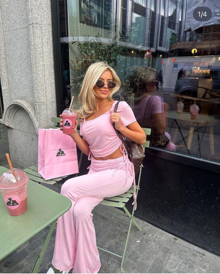 PINK ROUND NECK RUCHED CROP TOP AND FLARED TROUSER CO-ORD - Style Heist