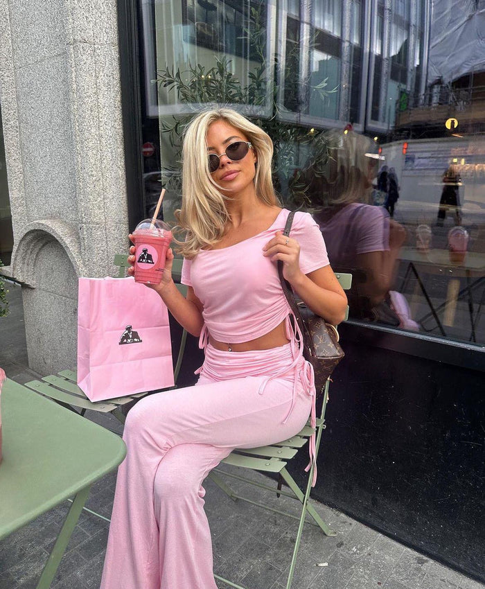 PINK ROUND NECK RUCHED CROP TOP AND FLARED TROUSER CO-ORD - Style Heist