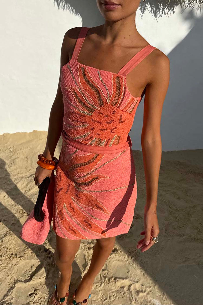 Pink Sol Beaded Top with a sun motif in glass beads and sequins, styled as a matching summer co-ord.