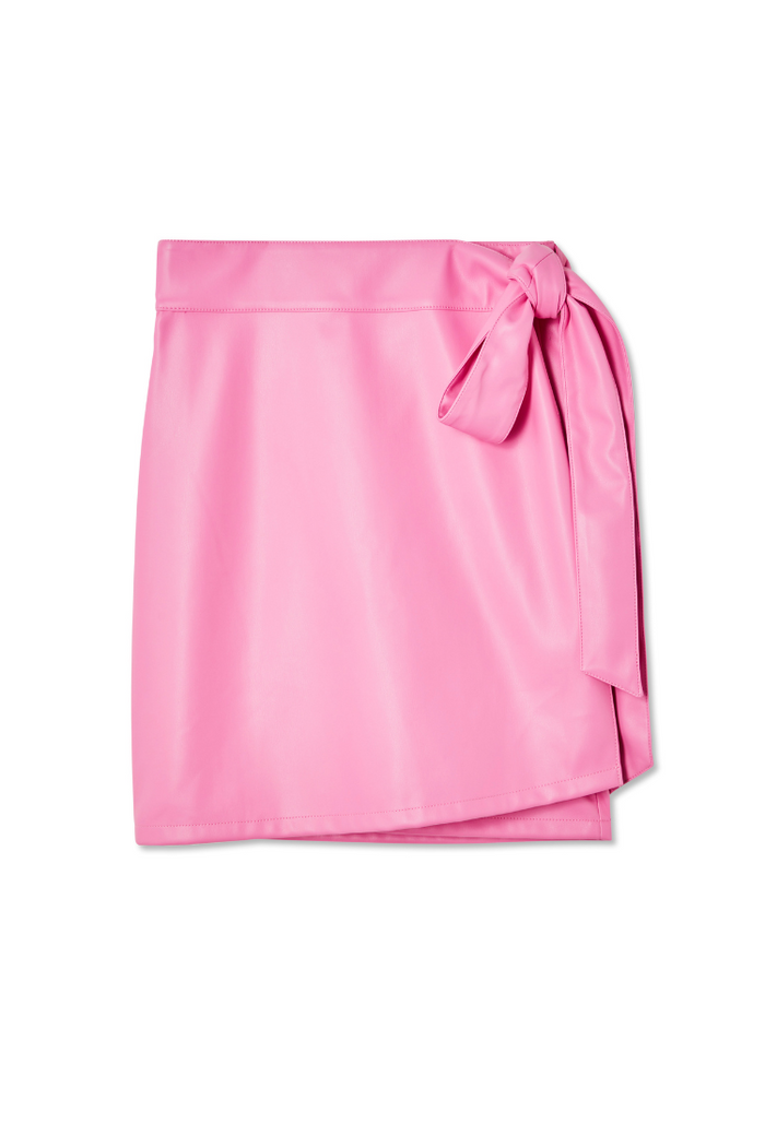 Pink Vegan Leather Mini Jaspre Skirt featuring a side-tie wrap fastening.