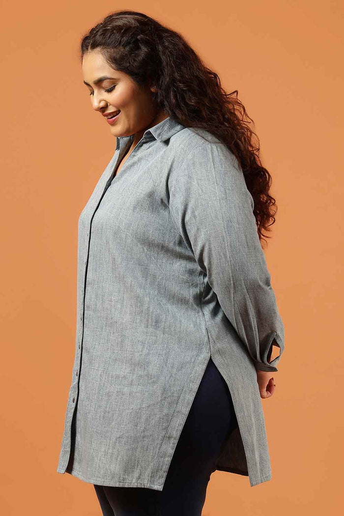 Plus Size Acid Wash Denim Cotton Shirt