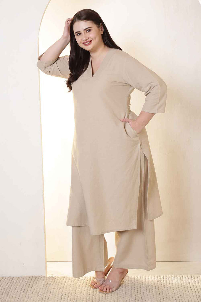 Plus Size Beige Cotton Linen Kurta Coord Set