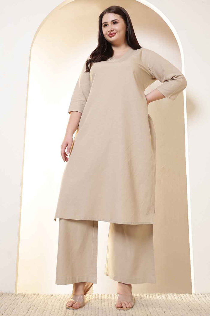 Plus Size Beige Cotton Linen Kurta Coord Set