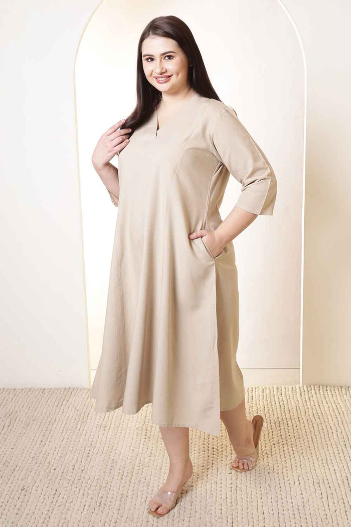 Plus Size Beige Cotton Linen Midi Dress