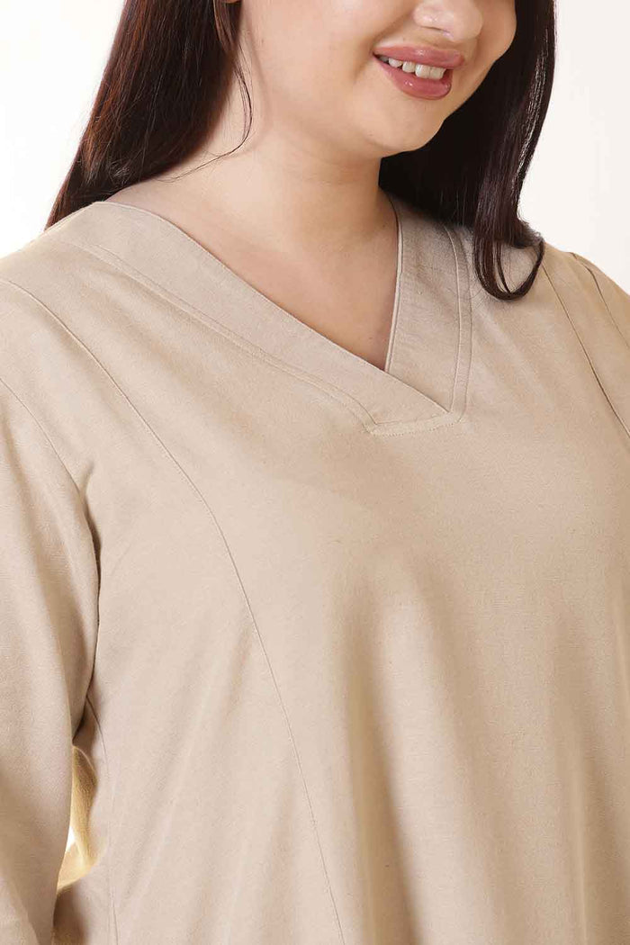 Plus Size Beige Cotton Linen Midi Dress