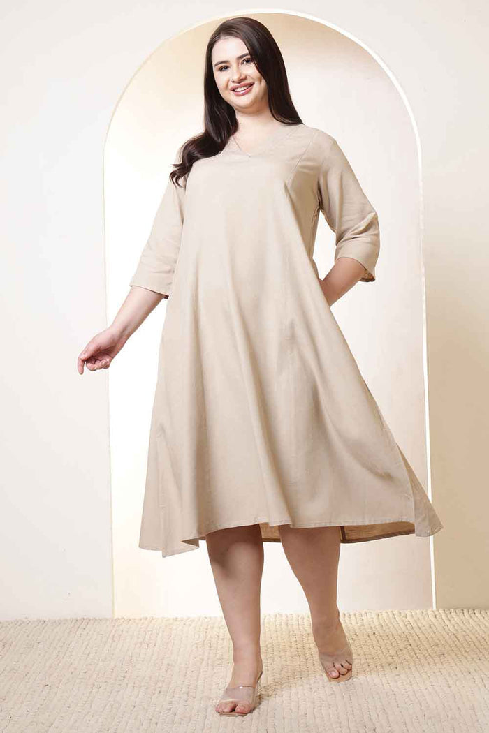 Plus Size Beige Cotton Linen Midi Dress