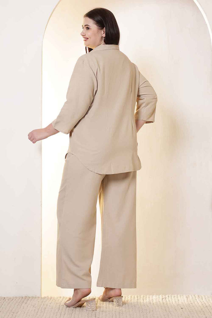 Plus Size Beige Cotton Linen Shirt Coord Set