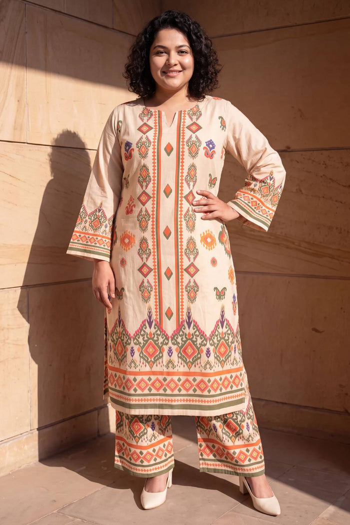 Plus Size Beige Ethnic Border Print Cotton Kurta Coord Set