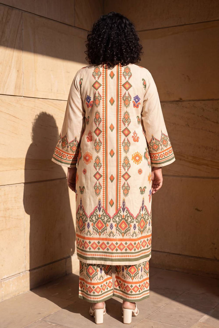 Plus Size Beige Ethnic Border Print Cotton Kurta Coord Set