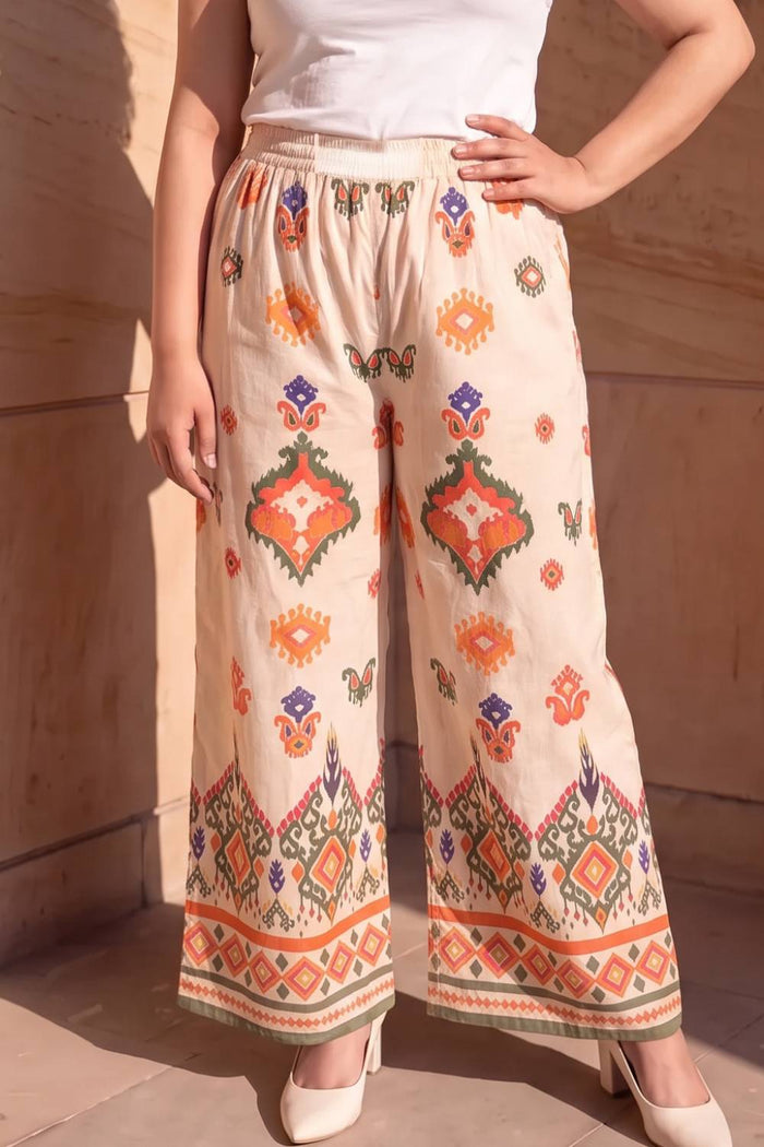 Plus Size Beige Ethnic Border Print Cotton Kurta Coord Set