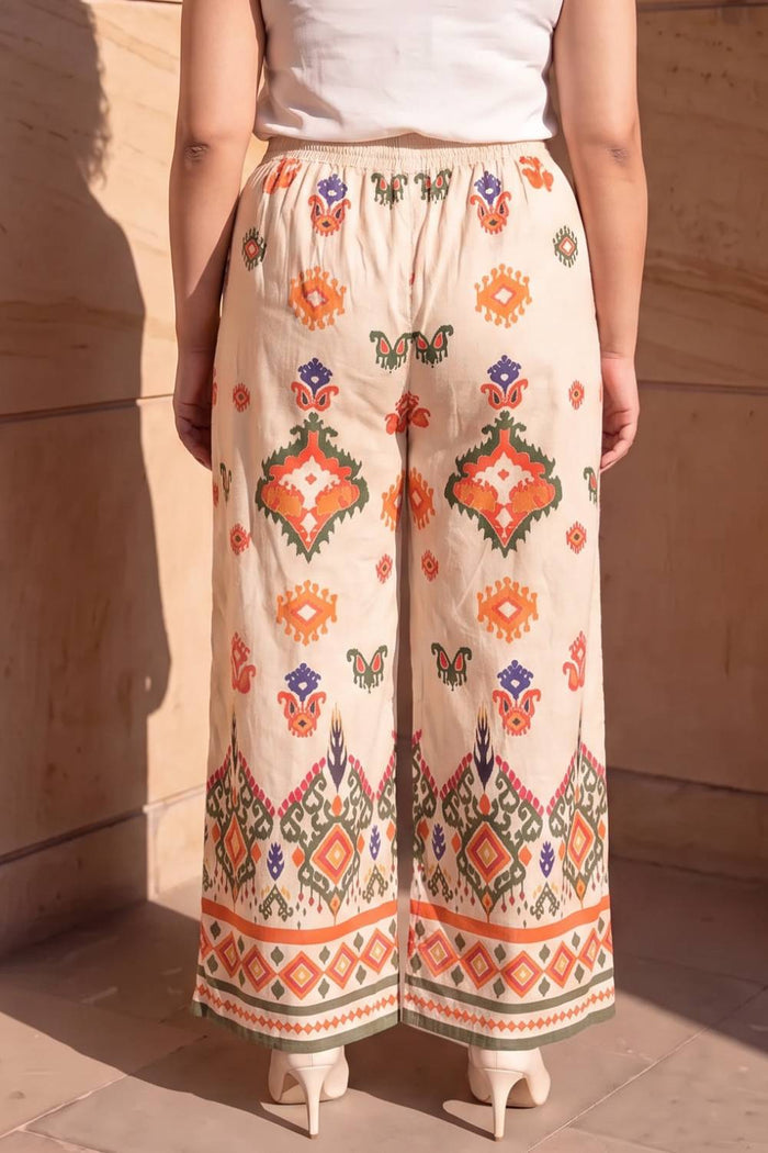Plus Size Beige Ethnic Border Print Cotton Kurta Coord Set