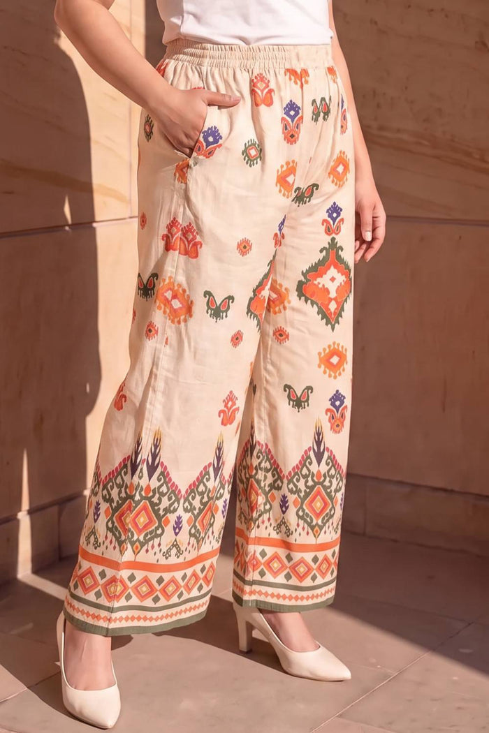 Plus Size Beige Ethnic Border Print Cotton Kurta Coord Set