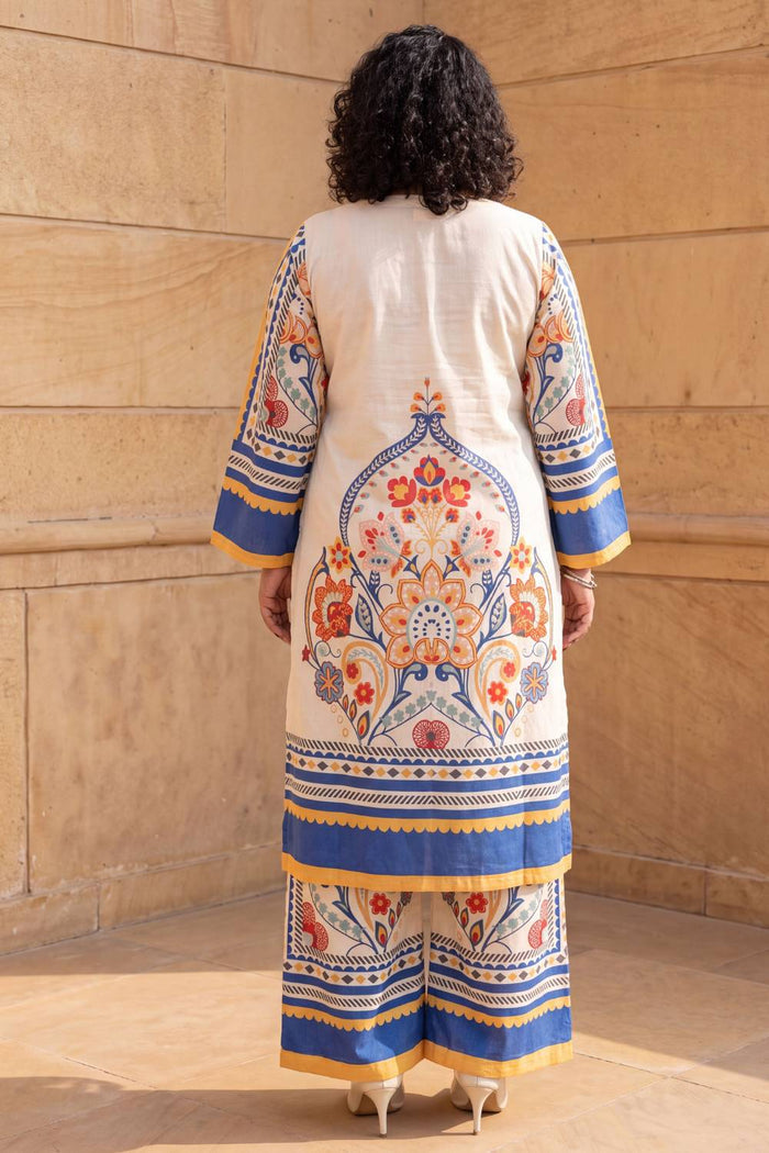 Plus Size Beige Ethnic Floral Print Cotton Kurta Coord Set