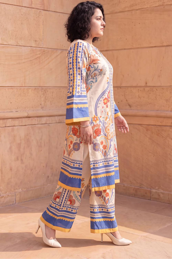 Plus Size Beige Ethnic Floral Print Cotton Kurta Coord Set