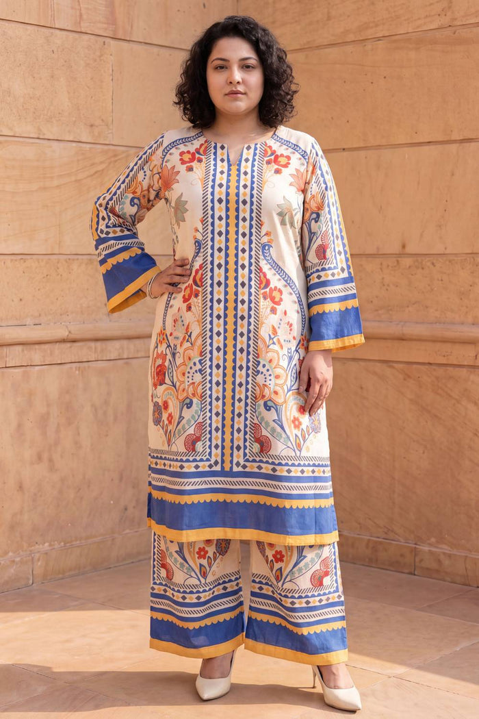 Plus Size Beige Ethnic Floral Print Cotton Kurta Coord Set