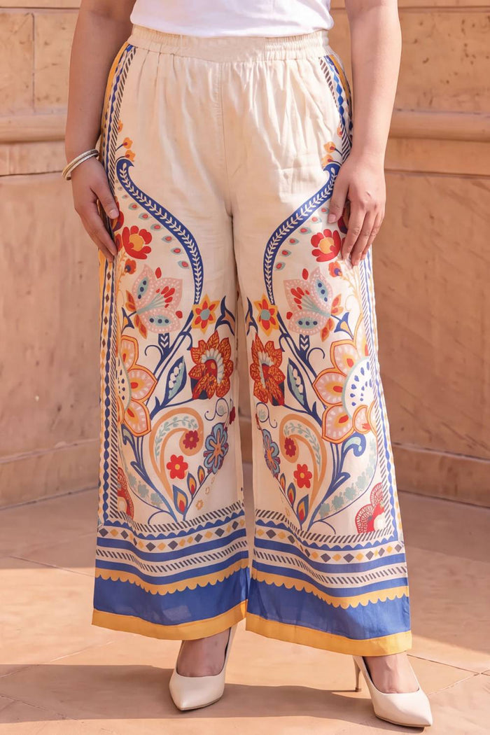 Plus Size Beige Ethnic Floral Print Cotton Kurta Coord Set