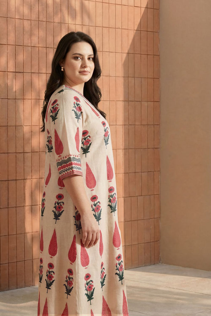 Plus Size Beige Floral Buta Print Cotton Midi Dress