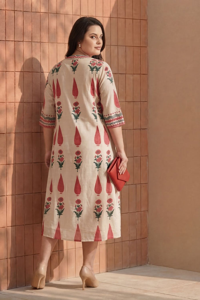 Plus Size Beige Floral Buta Print Cotton Midi Dress