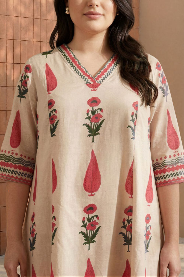 Plus Size Beige Floral Buta Print Cotton Midi Dress