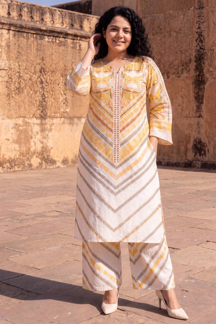 Plus Size Beige Floral Geometric Print Cotton Kurta Coord Set