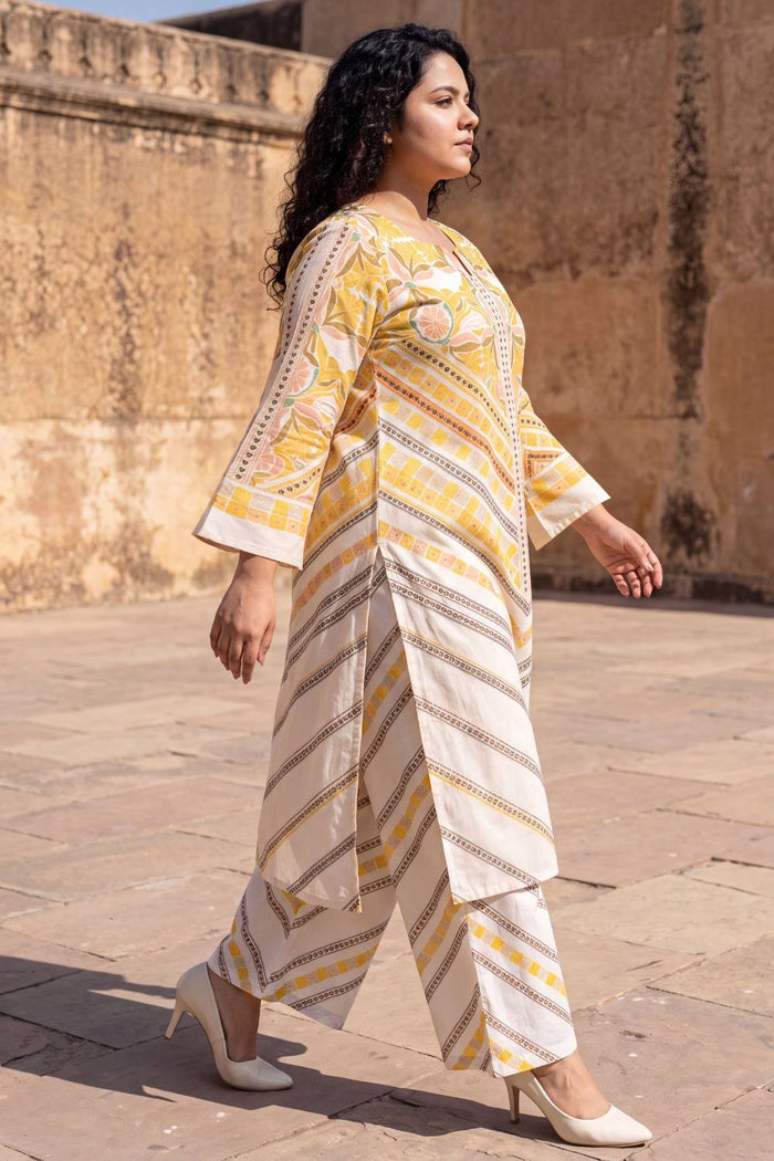 Plus Size Beige Floral Geometric Print Cotton Kurta Coord Set