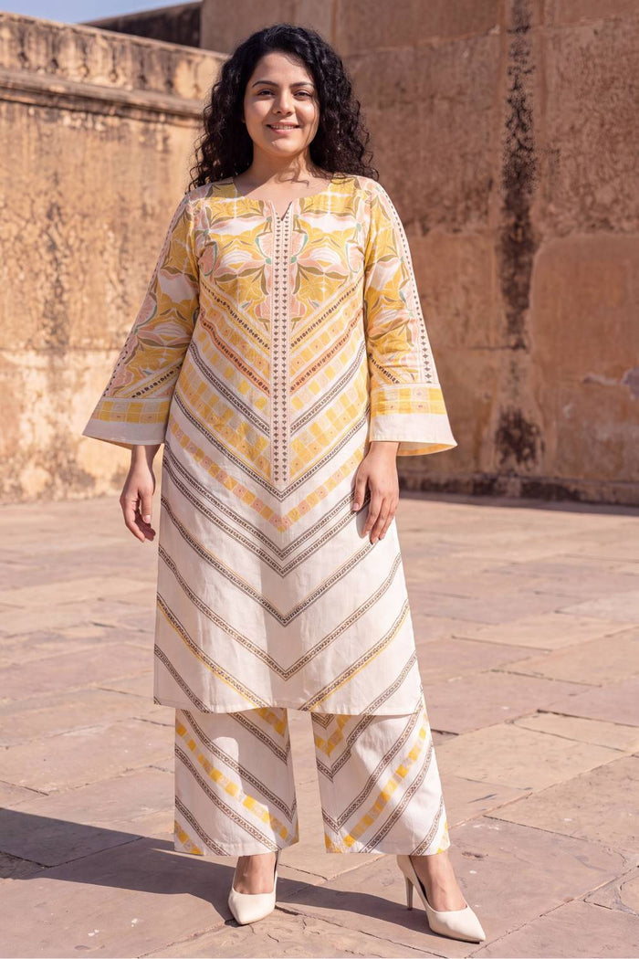 Plus Size Beige Floral Geometric Print Cotton Kurta Coord Set