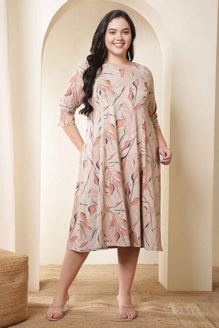 Plus Size Beige Floral Print A Line Dress
