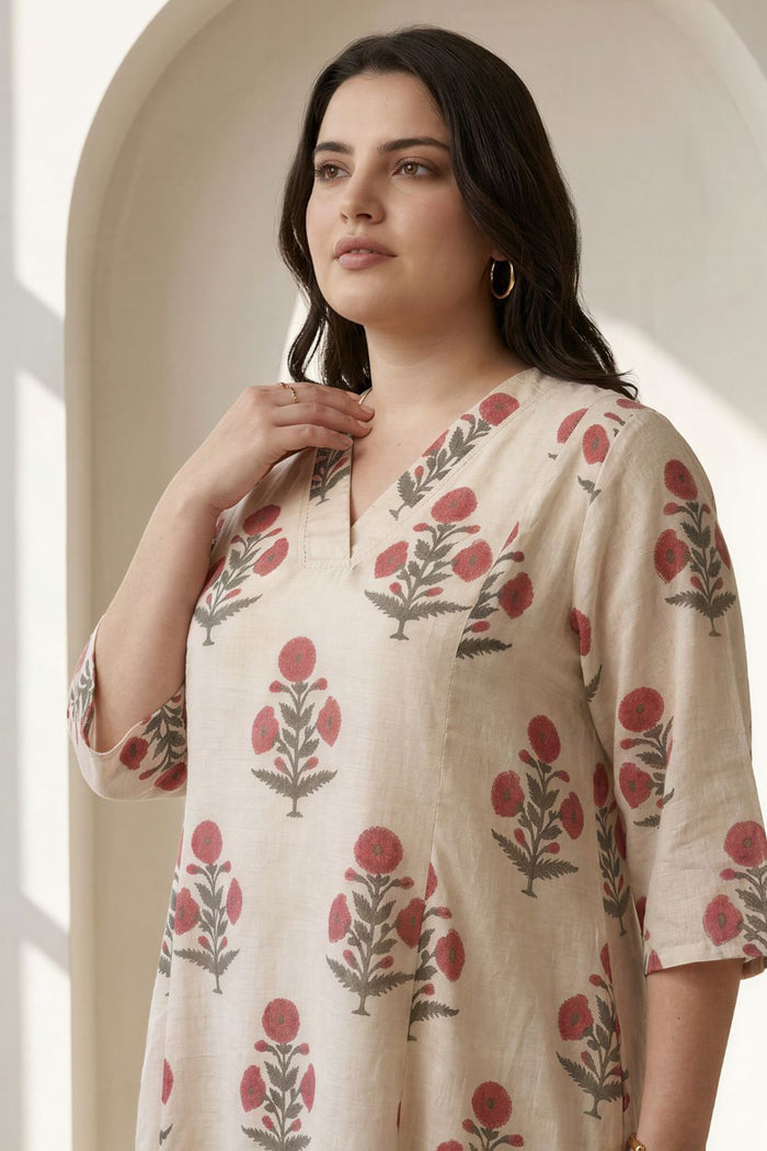 Plus Size Beige Floral Printed Cotton Midi Dress
