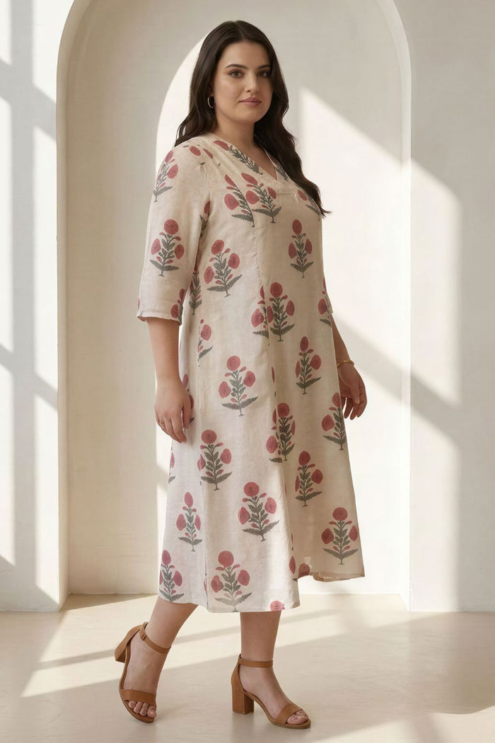 Plus Size Beige Floral Printed Cotton Midi Dress