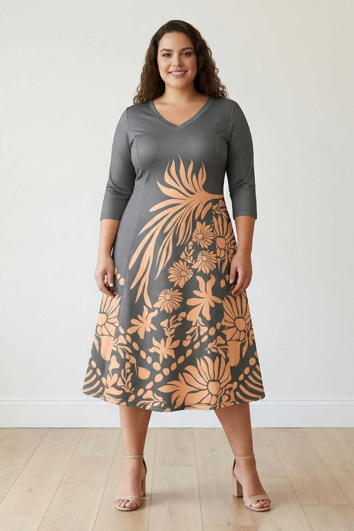Plus Size Beige Green Ethnic Print A line Dress