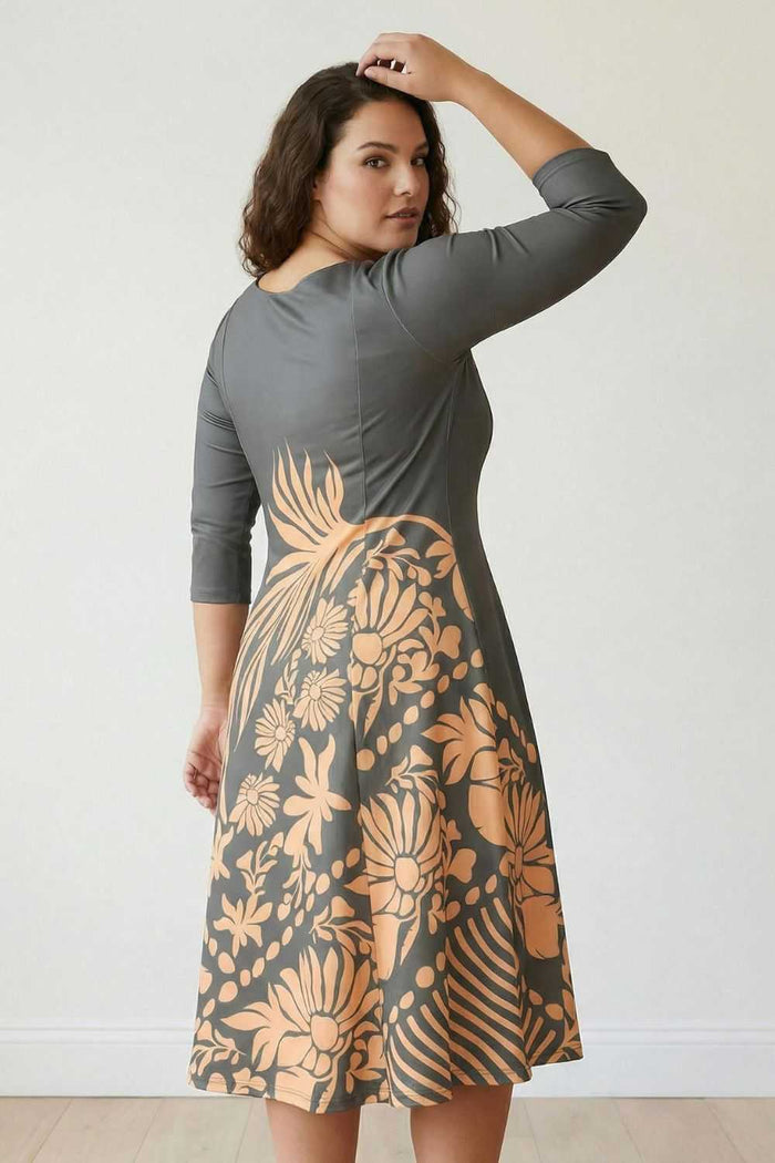 Plus Size Beige Green Ethnic Print A line Dress