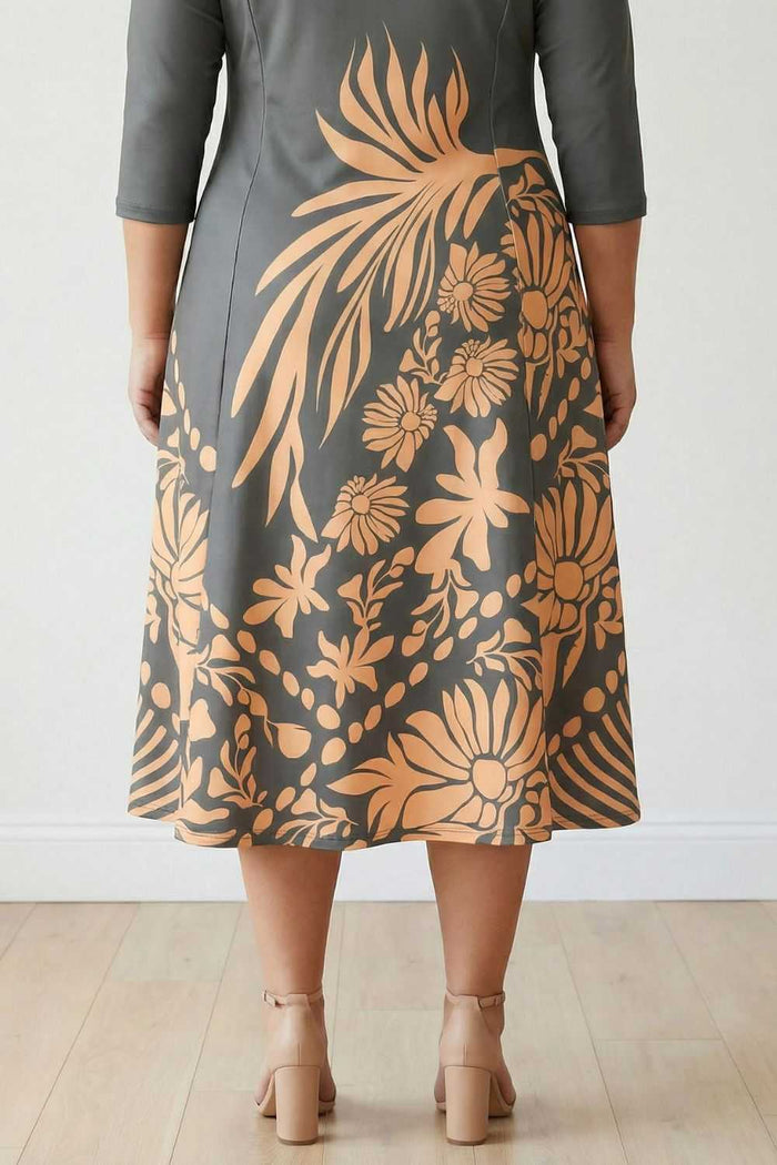Plus Size Beige Green Ethnic Print A line Dress