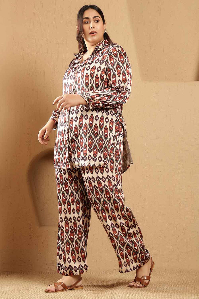 Plus Size Beige Ikat Print Shirt Satin Coord Set