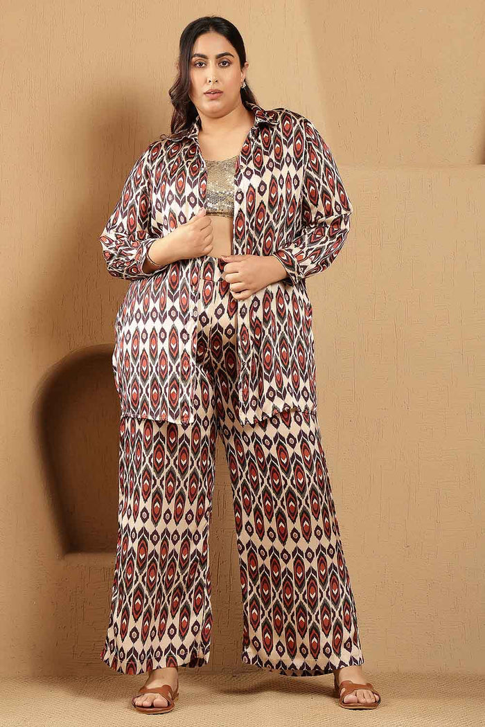 Plus Size Beige Ikat Print Shirt Satin Coord Set