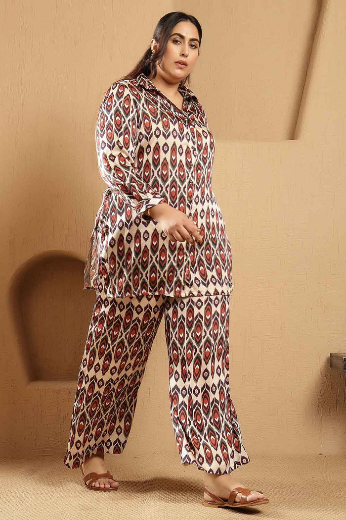 Plus Size Beige Ikat Print Shirt Satin Coord Set