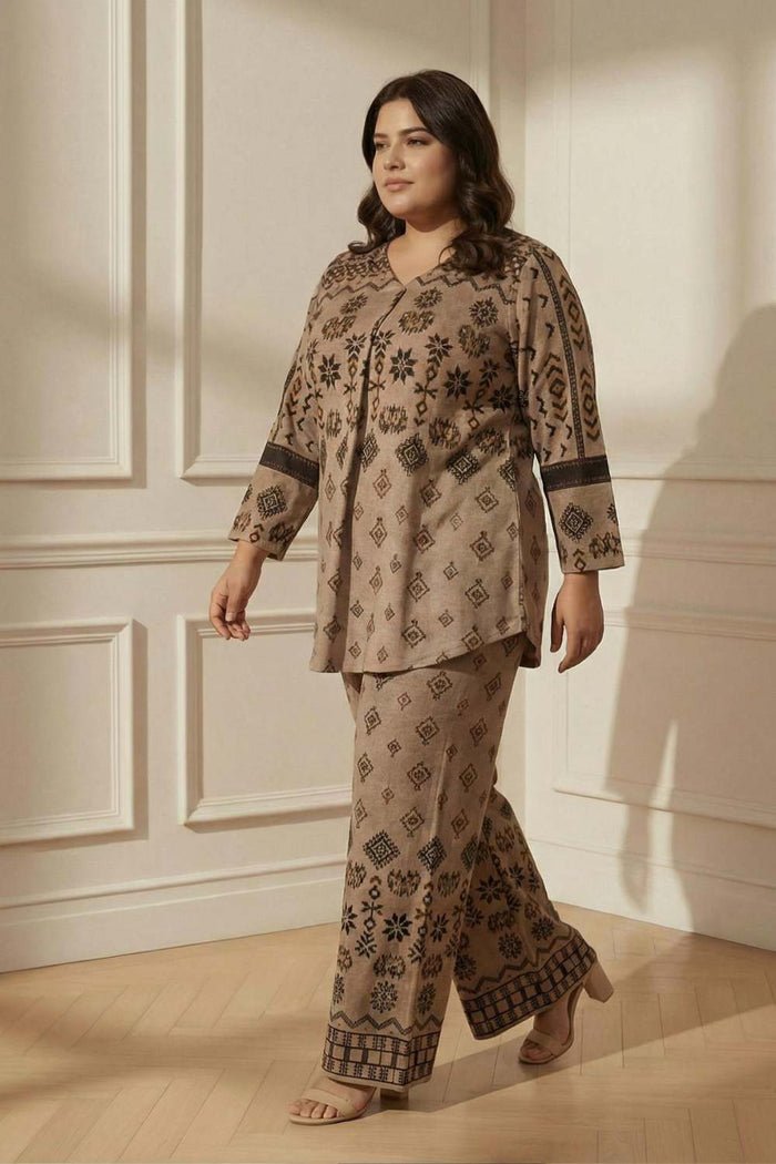 Plus Size Beige Printed SnugWeave™ Winter Top Coord Set