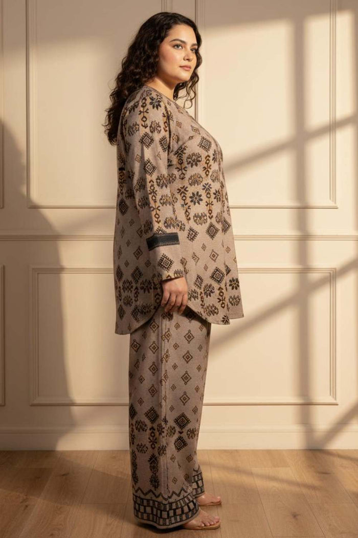 Plus Size Beige Printed SnugWeave™ Winter Top Coord Set